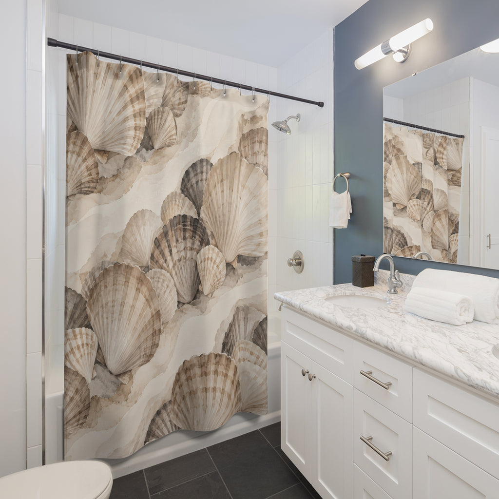 Taupe, ivory and charcoal scallop shells in diagonal clusters shower curtain beside a white vanity