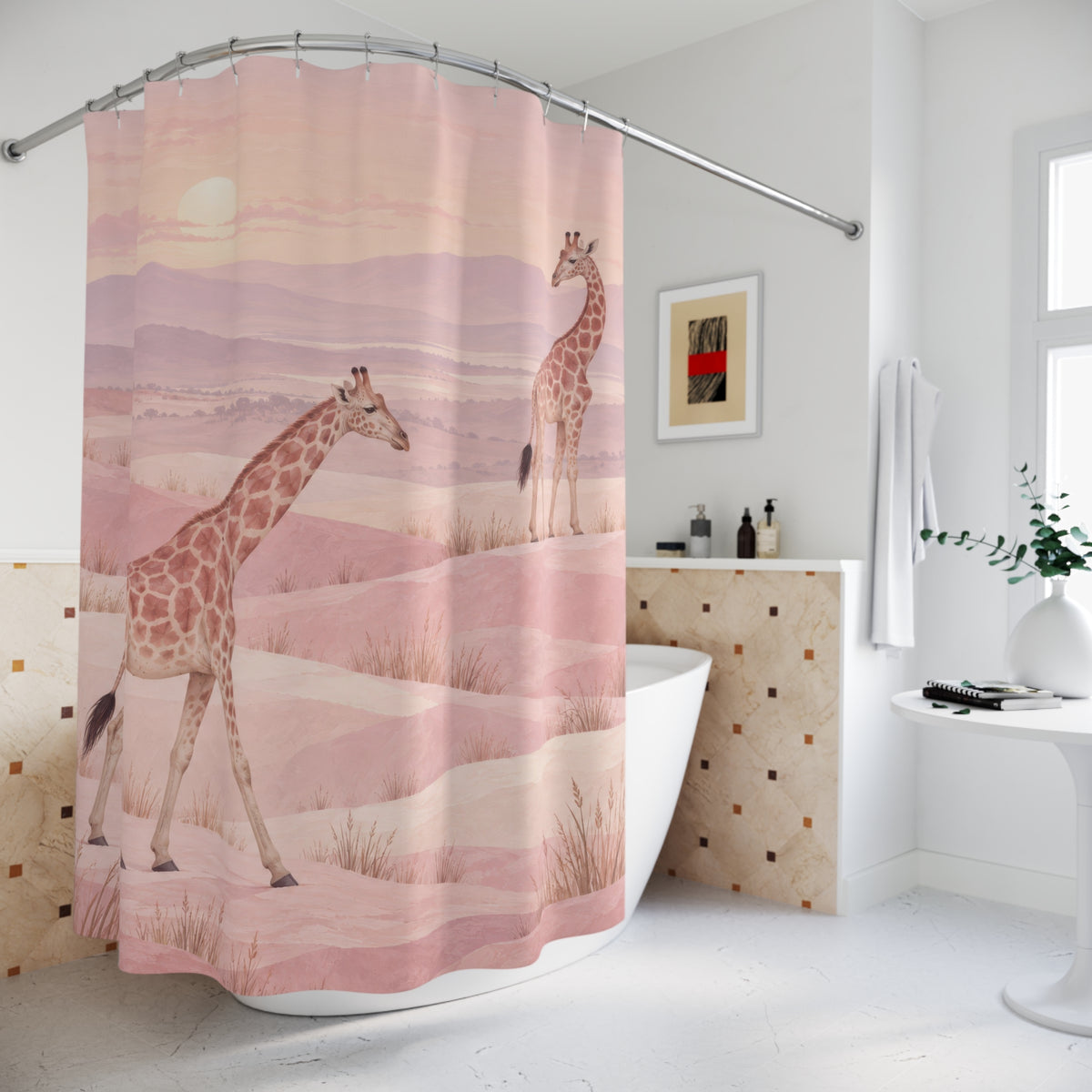 Two tan giraffes in a light pink hilly landscape shower curtain beside a freestanding tub