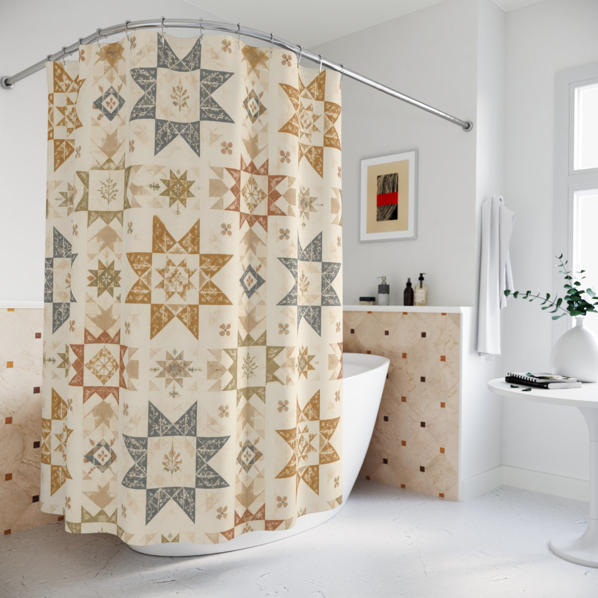 Patchwork Star Quilt Country Farmhouse Blue Folk shower curtain beside a freestanding tub