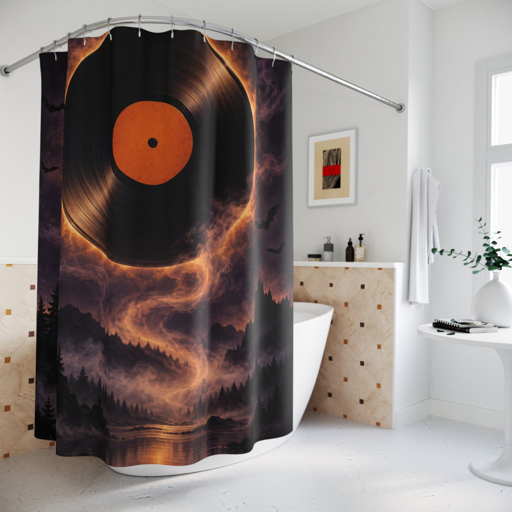 Vinyl record eclipse over a purple forest lake with bats shower curtain beside a freestanding tub
