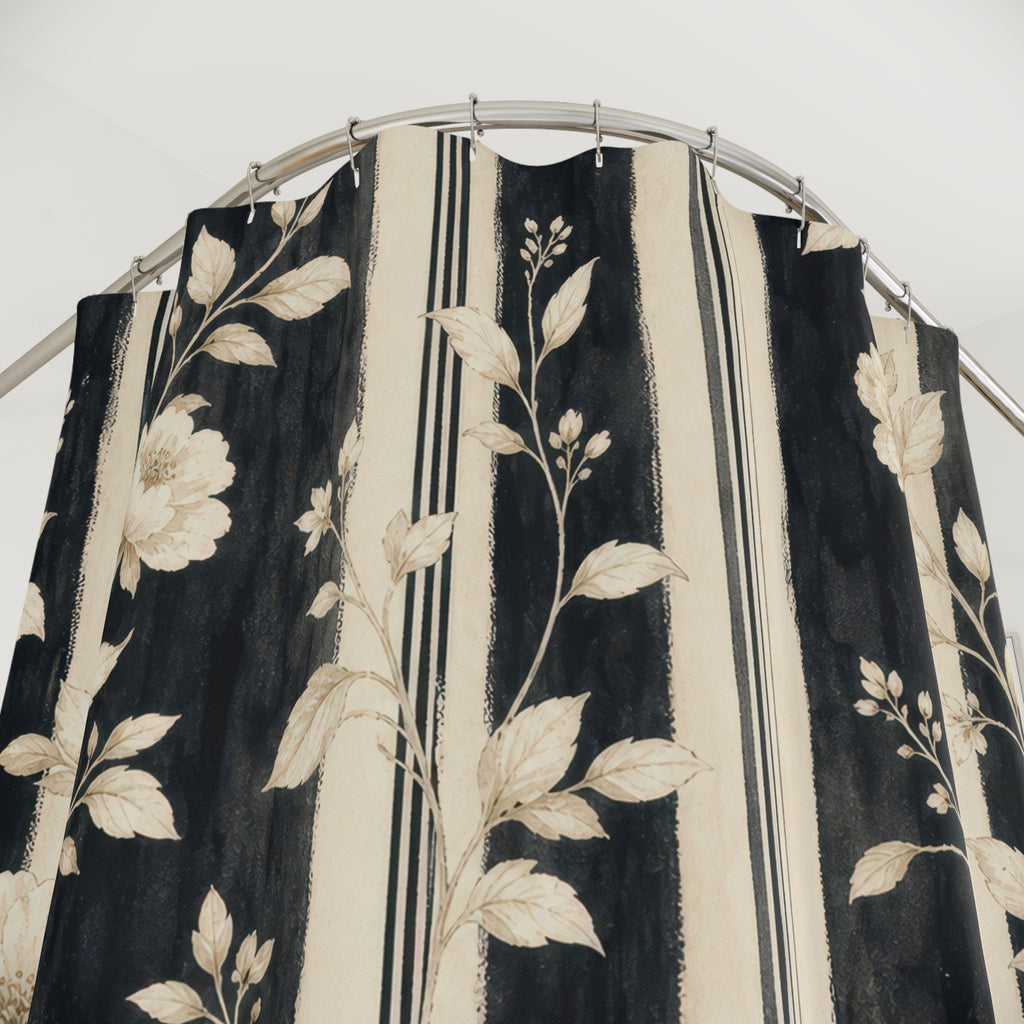 Cream Botanical Stripe Shower Curtain