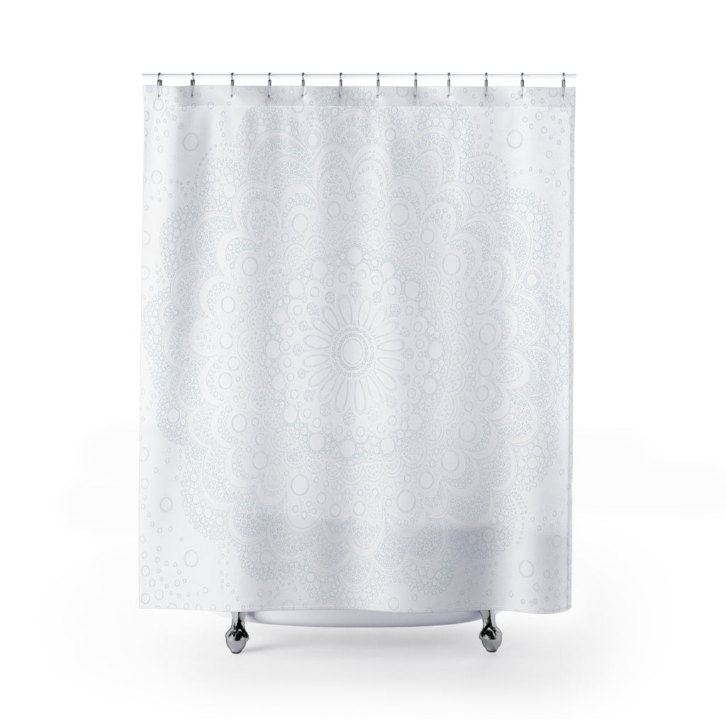 White Boho Shower Curtain, Mandala Bath Decor, Faint Medallion Pattern, Minimal Guest Bathroom Decor, Soft Spa White Style, White Style