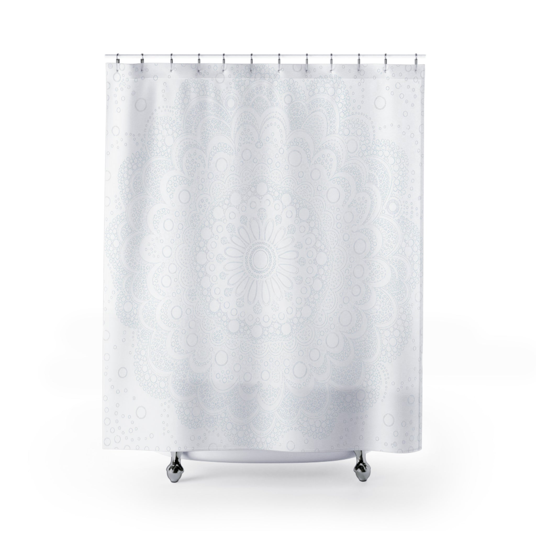 White Boho Shower Curtain, Mandala Bath Decor, Faint Medallion Pattern, Minimal Guest Bathroom Decor, Soft Spa White Style, White Style