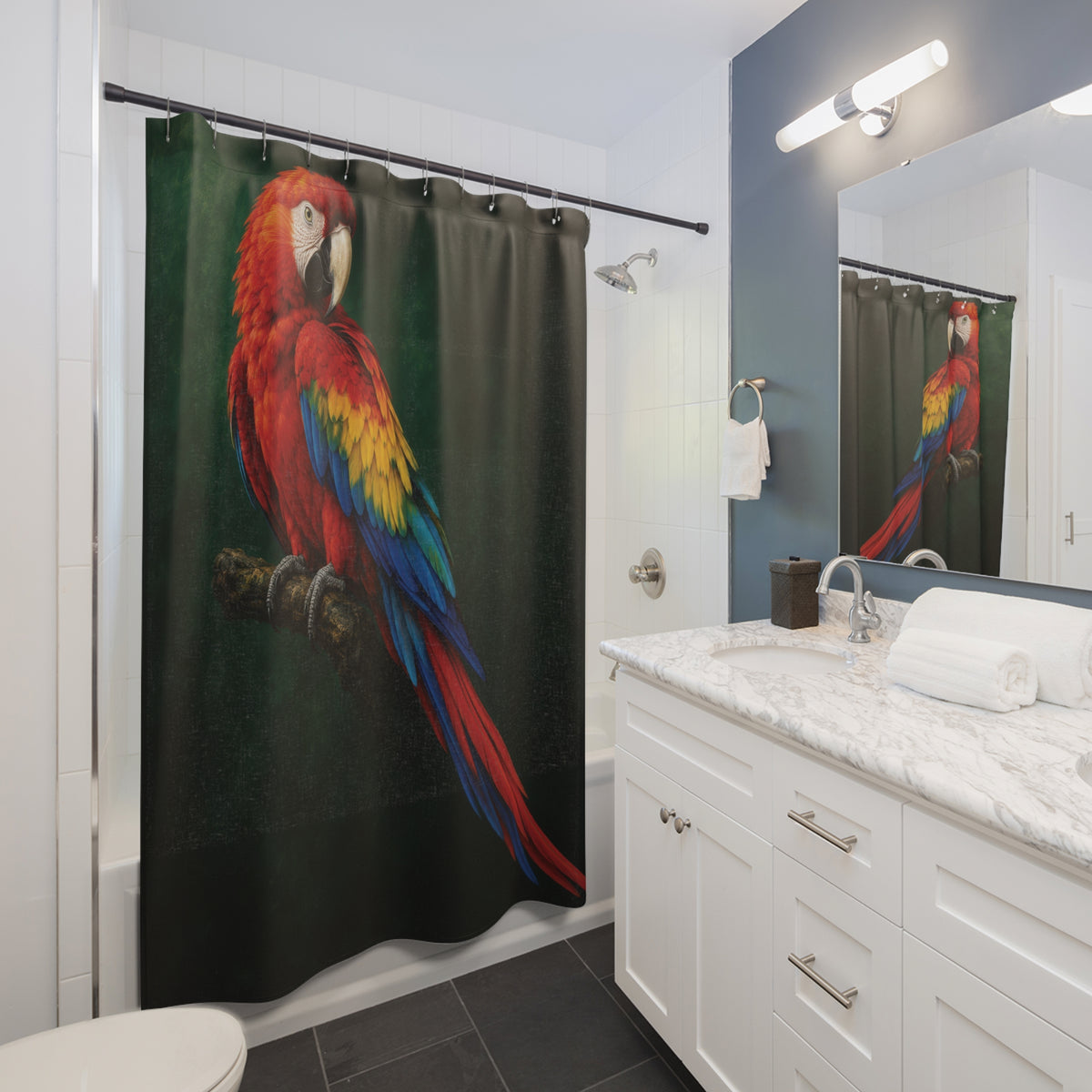 Scarlet macaw with blue and yellow feathers on dark green shower curtain beside a white vanity