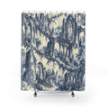 Blue Gothic abbey arches and trailing ivy on ivory shower curtain with full front view