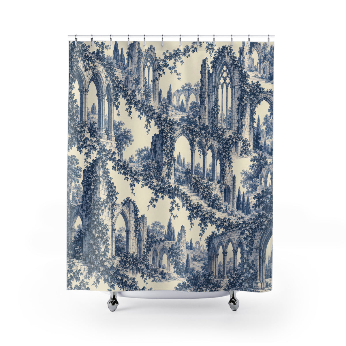 Blue Gothic abbey arches and trailing ivy on ivory shower curtain with full front view