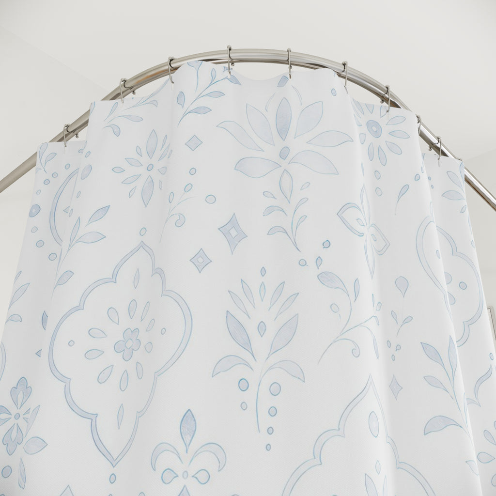 White Boho Shower Curtain, Damask Floral Bath Decor, Pale Blue Gray Ornament Pattern, Guest Bathroom Decor, Soft Classic Style, White Style