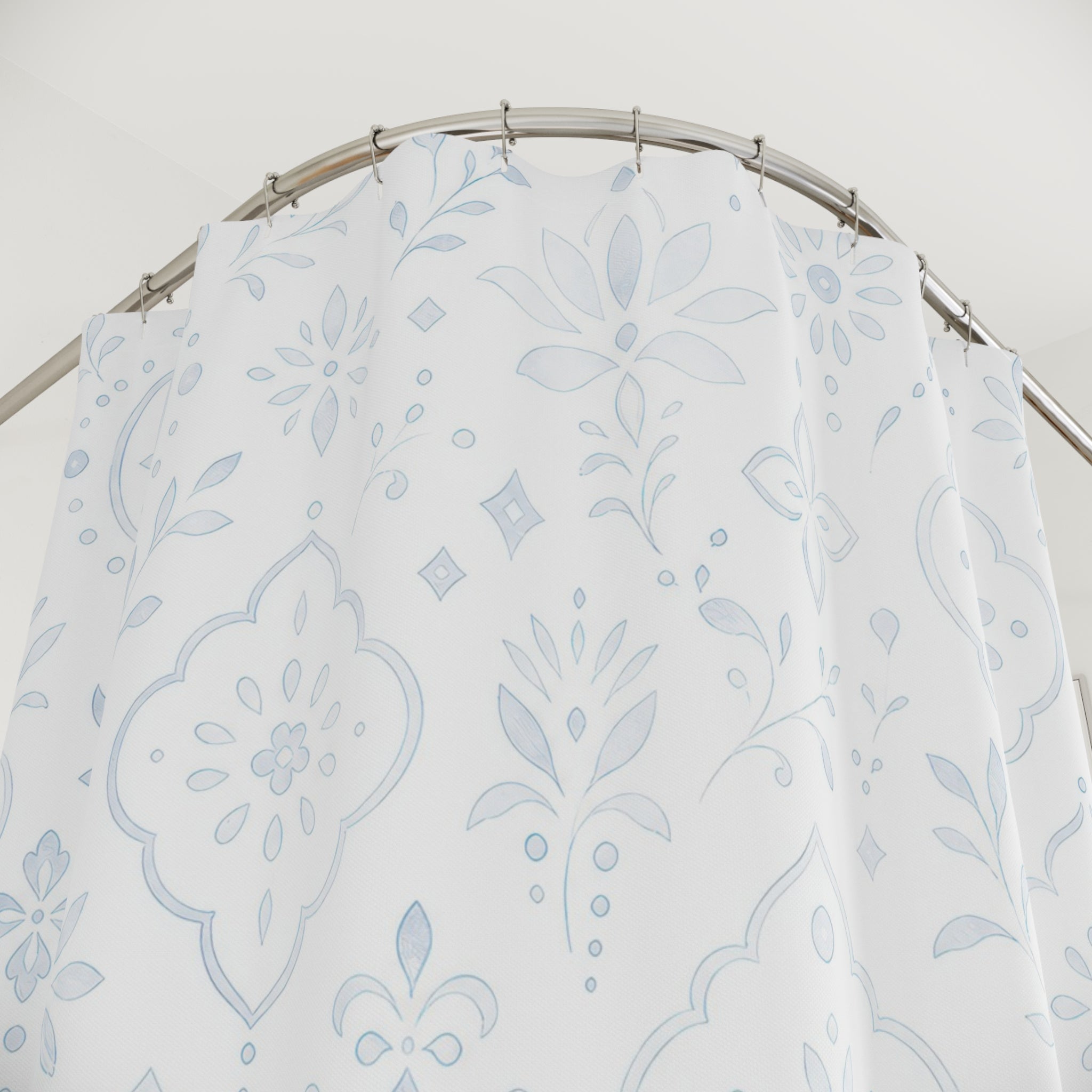 White Boho Shower Curtain, Damask Floral Bath Decor, Pale Blue Gray Ornament Pattern, Guest Bathroom Decor, Soft Classic Style, White Style