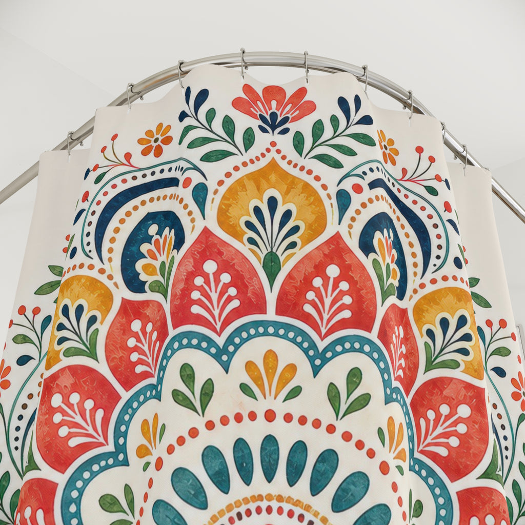 Orange Teal Floral Medallion Shower Curtain