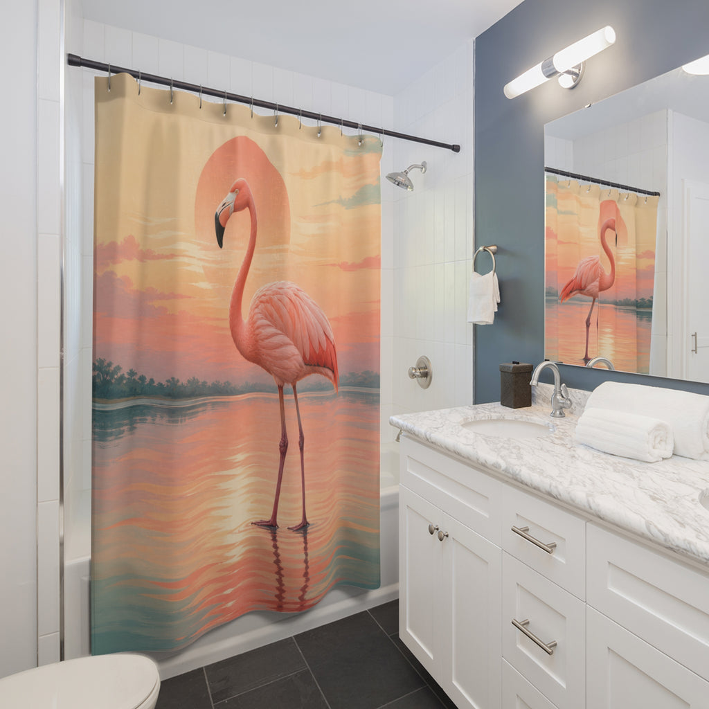 Coral flamingo standing in a teal sunrise lagoon shower curtain beside a white vanity