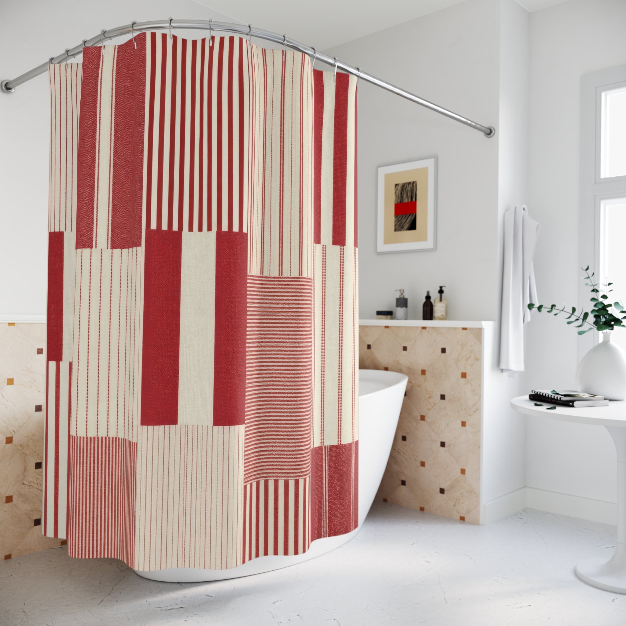 Red and White Patchwork Stripe Shower Curtain