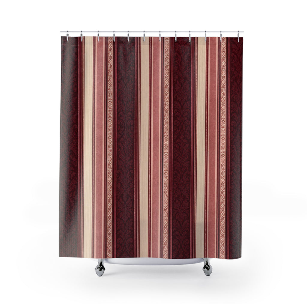 Burgundy Ornamental Stripe Shower Curtain, Burgundy Wine Classic Bathroom Decor, Modern Stripe Bath Curtain, Guest Bath Decor, Home Decor