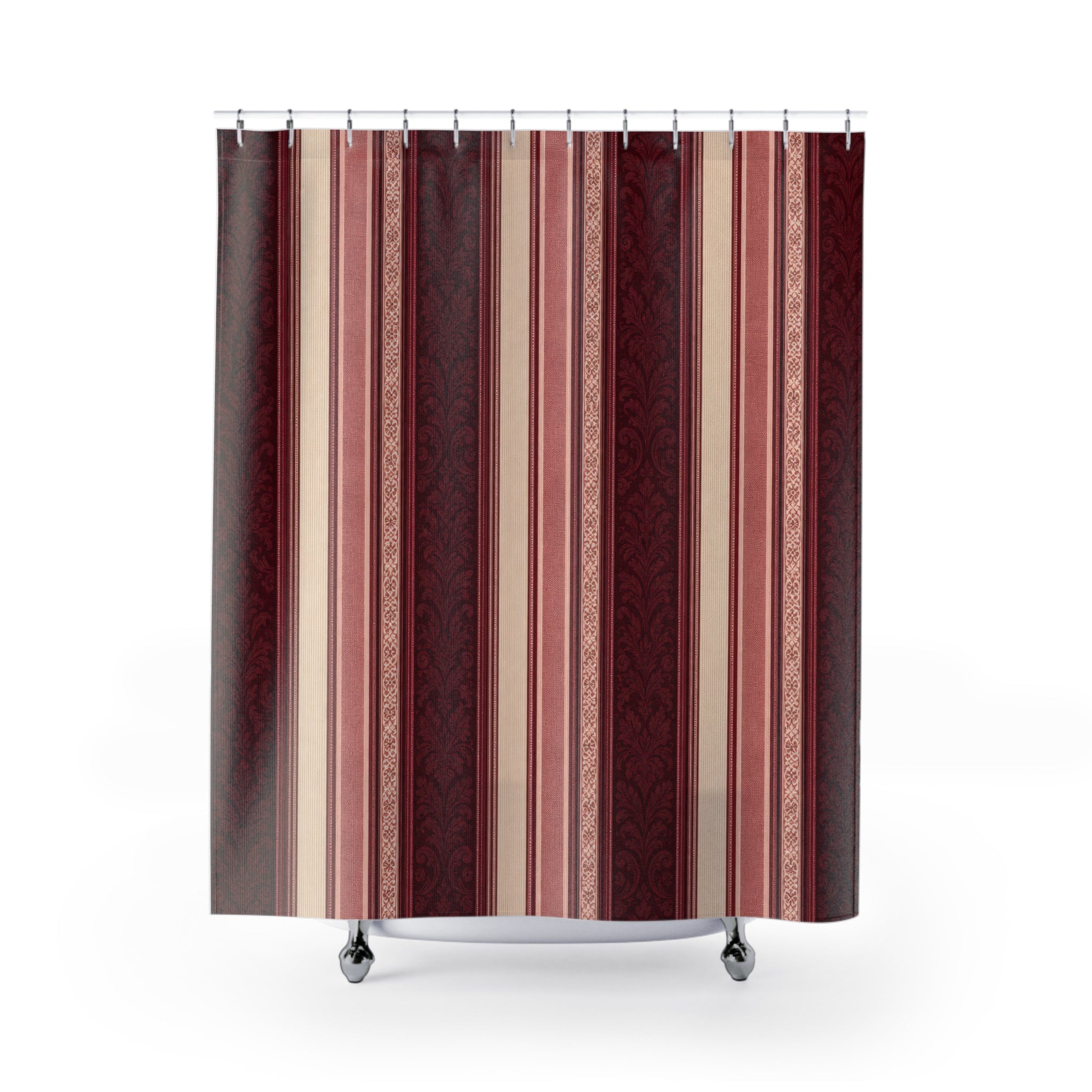 Burgundy Ornamental Stripe Shower Curtain, Burgundy Wine Classic Bathroom Decor, Modern Stripe Bath Curtain, Guest Bath Decor, Home Decor