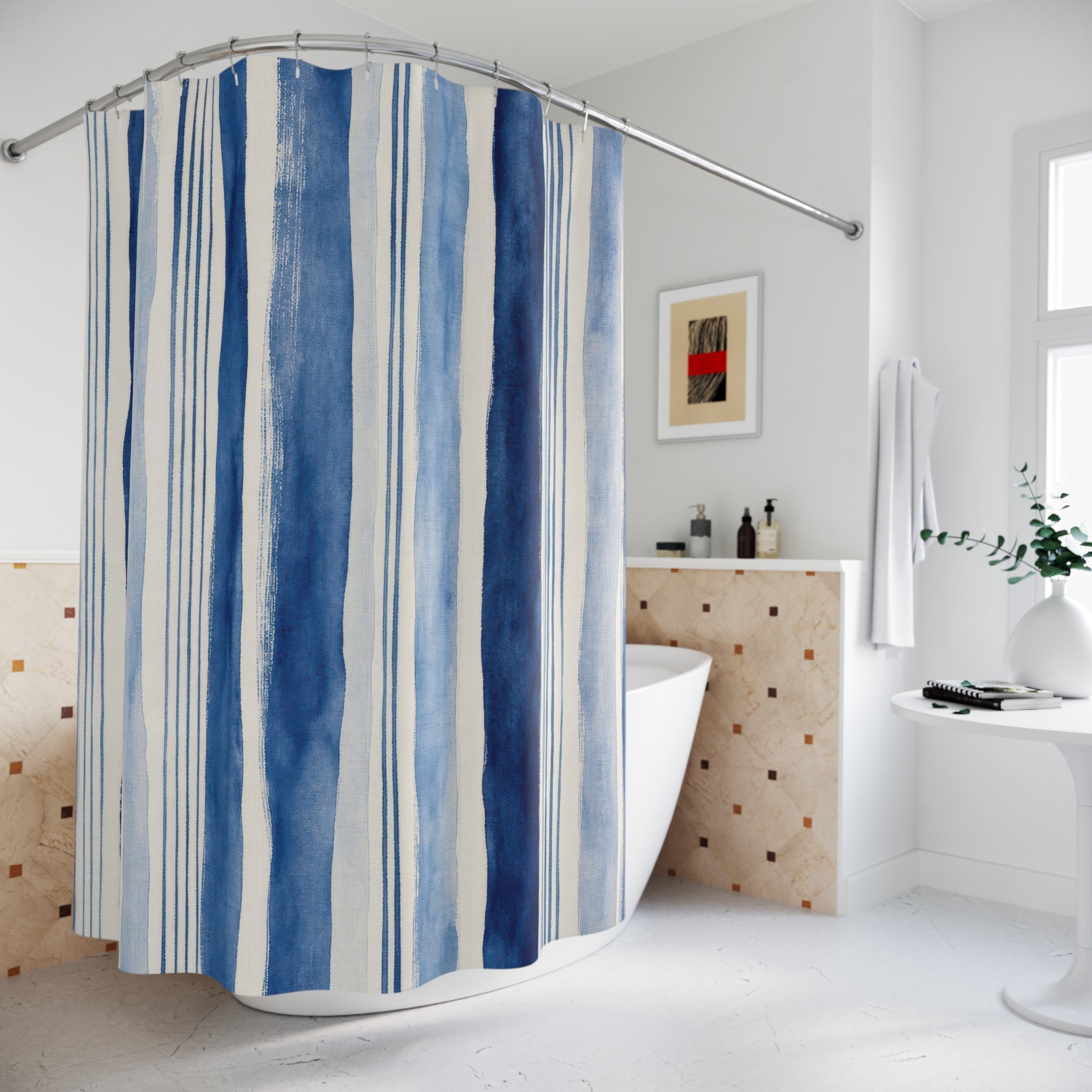 Blue Ticking Stripe Shower Curtain, Blue White Classic Bathroom Decor, Ticking Stripe Bath Curtain, Guest Bath Decor, Small Bathroom Decor
