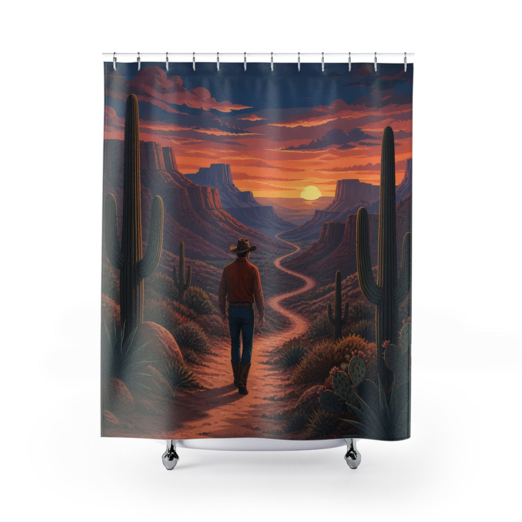 Lone cowboy walking a cactus-lined canyon trail shower curtain with full front view