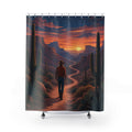 Lone cowboy walking a cactus-lined canyon trail shower curtain with full front view