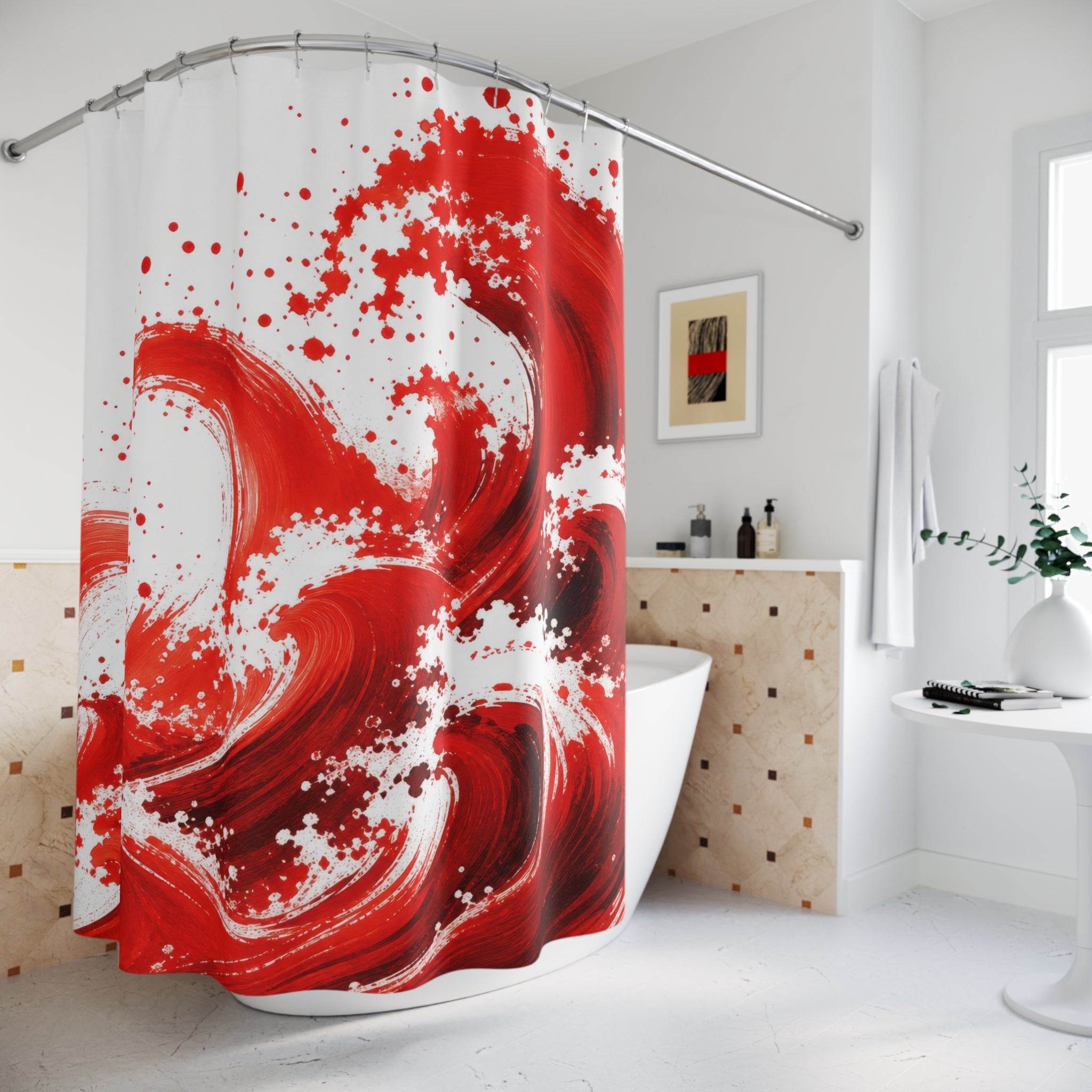 Red White Brushstroke Waves Shower Curtain