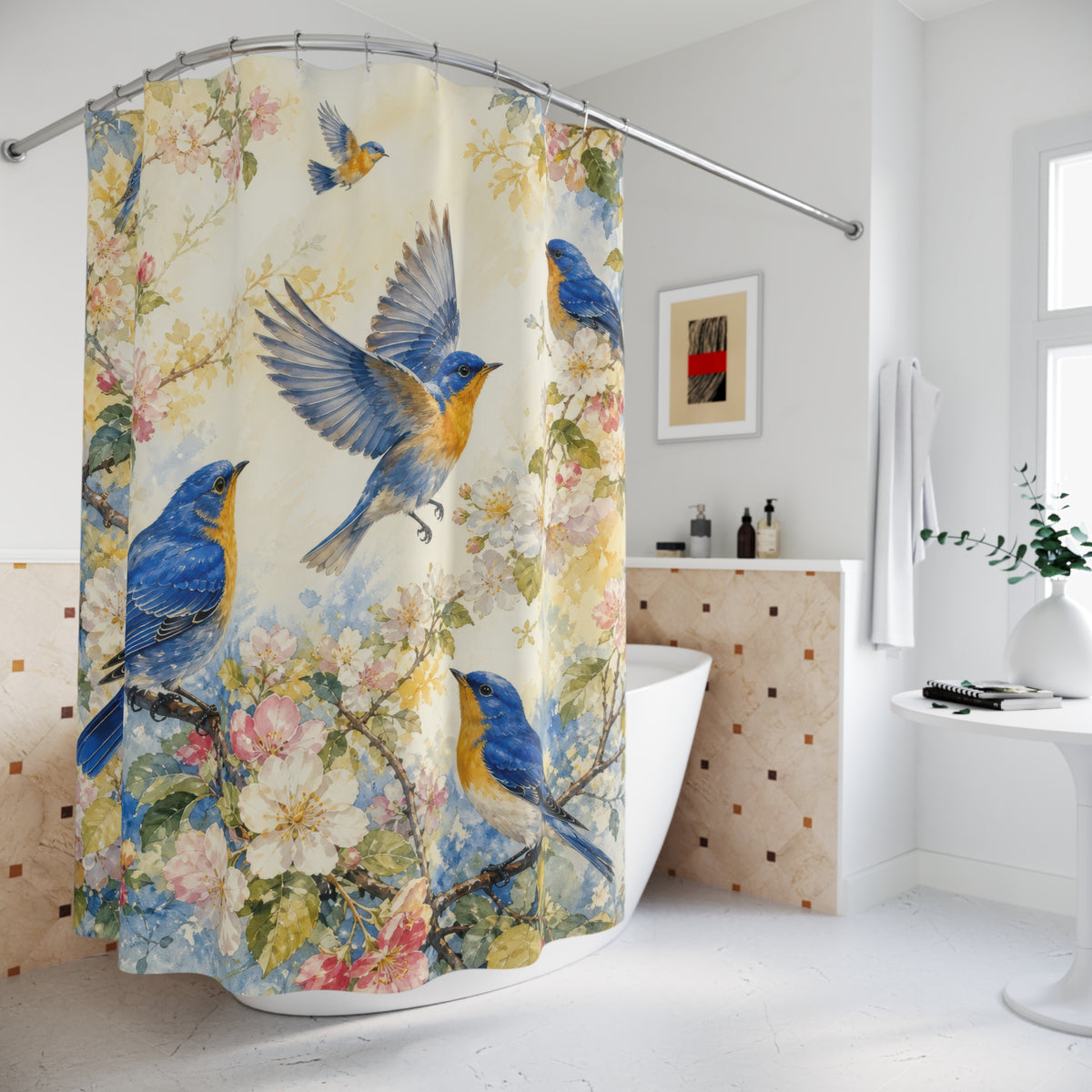 Blue and gold songbirds among blush blossoms on ivory shower curtain styled beside a freestanding tub