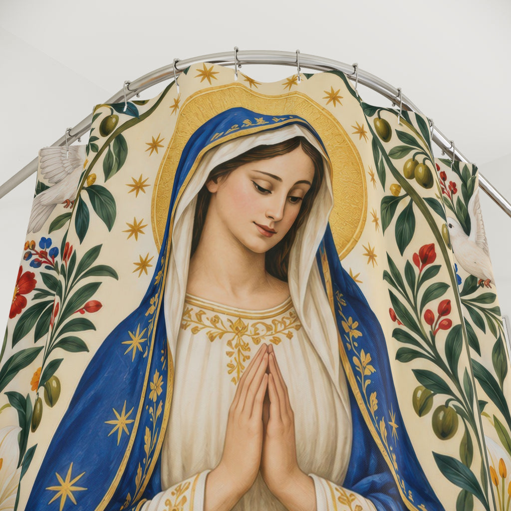 Praying Virgin Mary with folk flowers and white doves shower curtain with close-up print, hooks, and folds
