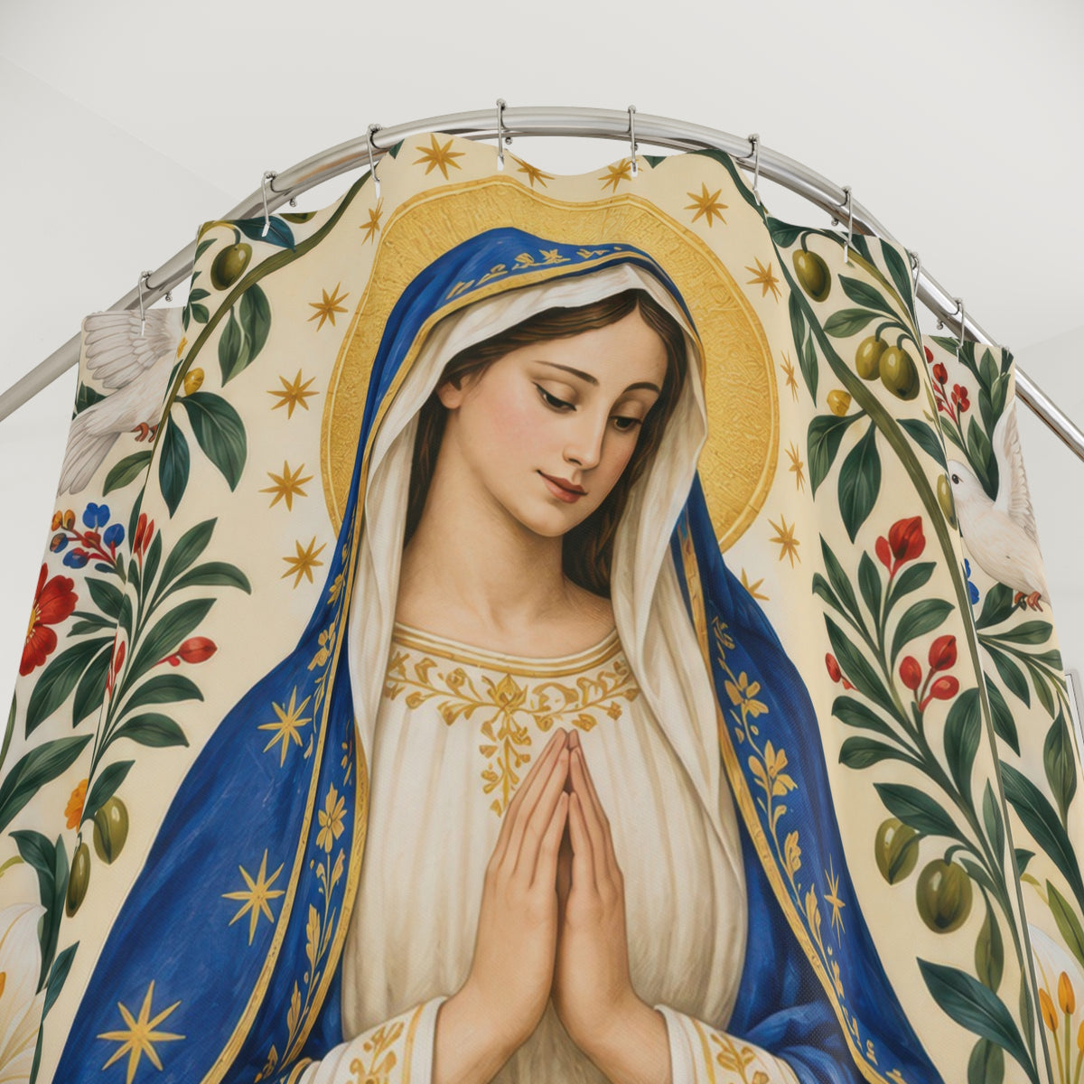 Praying Virgin Mary with folk flowers and white doves shower curtain with close-up print, hooks, and folds