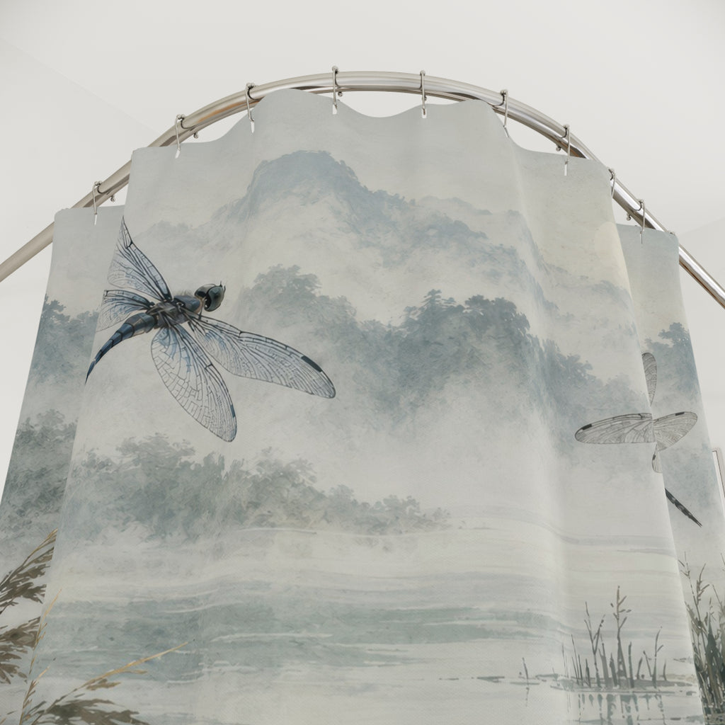 Blue-grey pond and hovering dragonflies shower curtain with close-up print, hooks, and folds