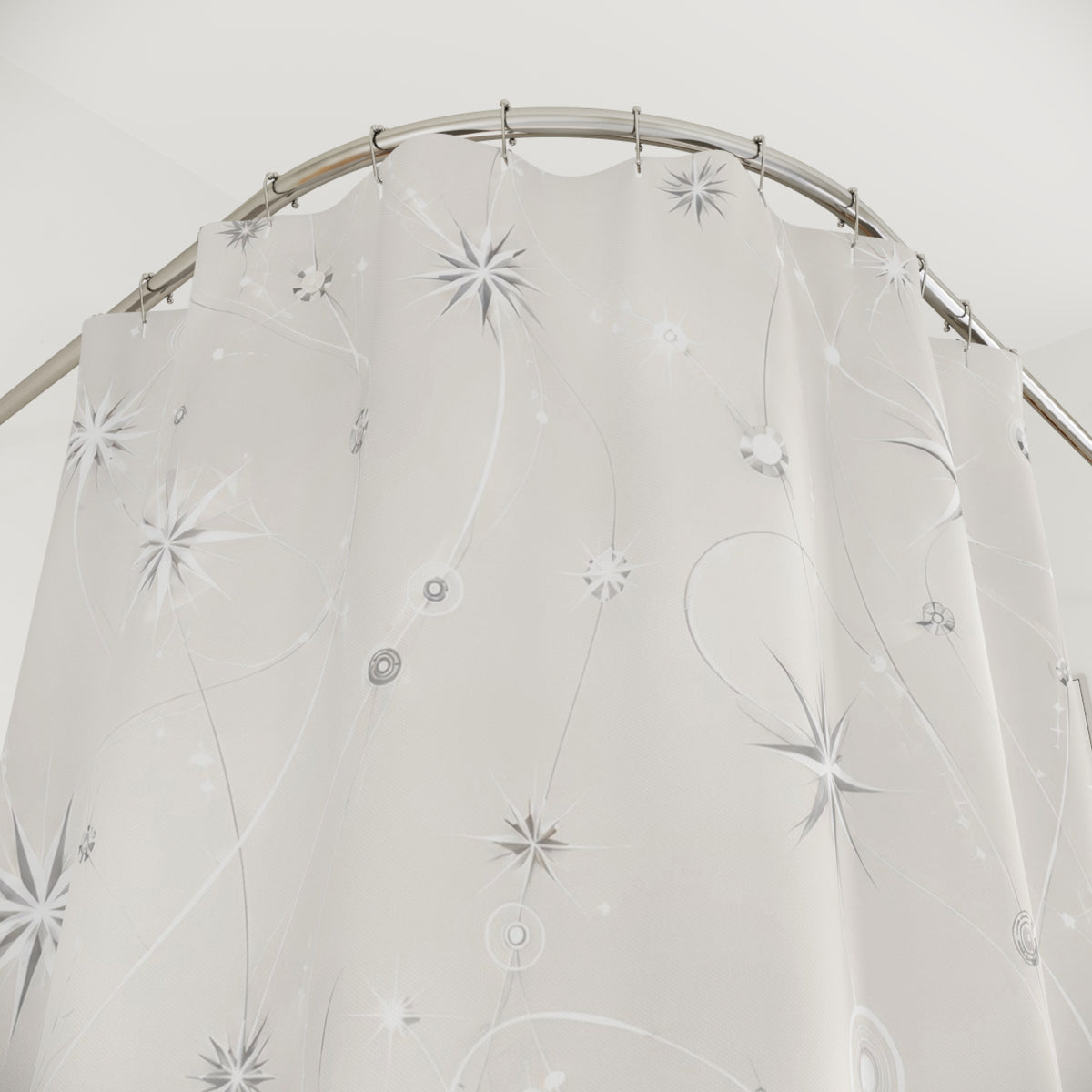 Atomic Starburst White Geometric Shower Curtain