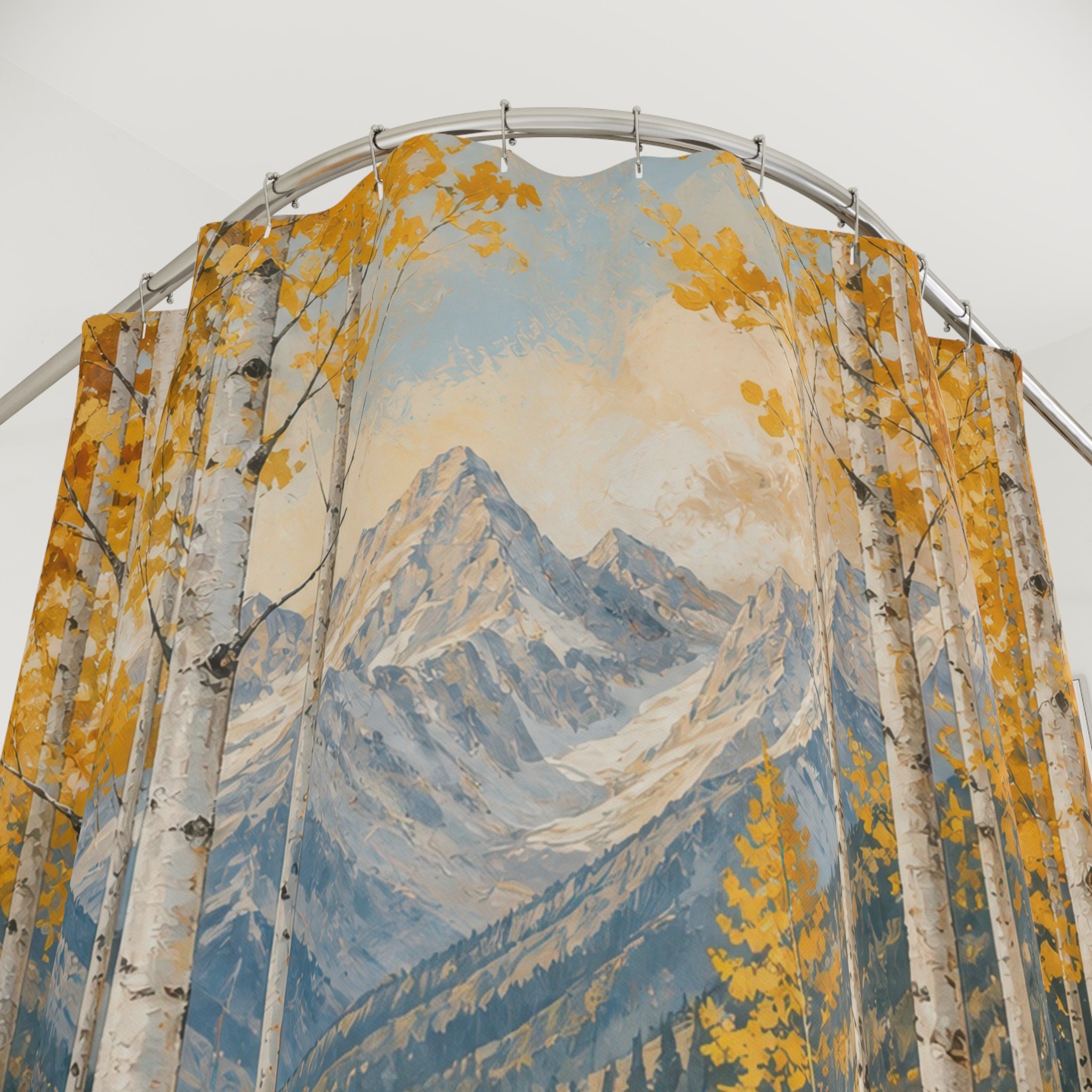 Aspen Shower Curtain, Autumn Mountain Forest Bath Decor, White Birch Tree Golden Leaf Pattern, Nature Inspired Guest Bathroom Decor