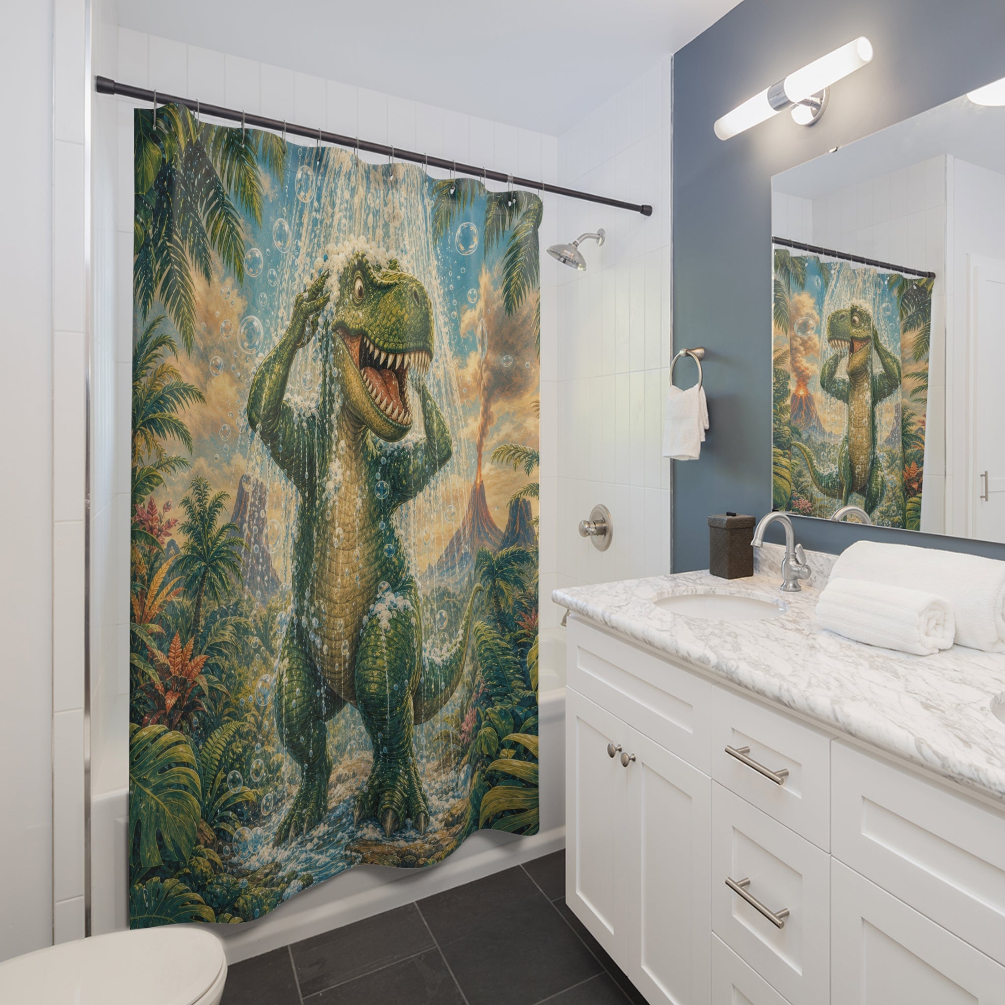 Unique Funny Dinosaur Shower Curtain, T Rex Jungle Bath Art, Tropical Volcano Bathroom Humor, Kids Guest Bath Wall Decor Gift For Home