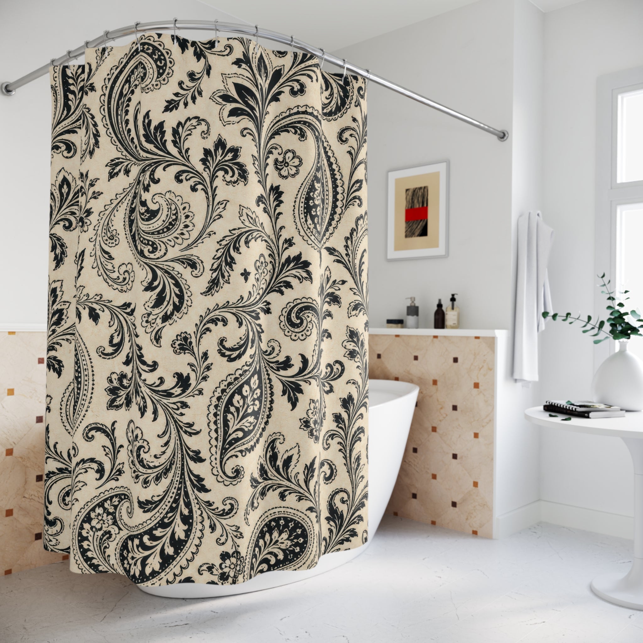 Black Cream Ornate Scroll Shower Curtain