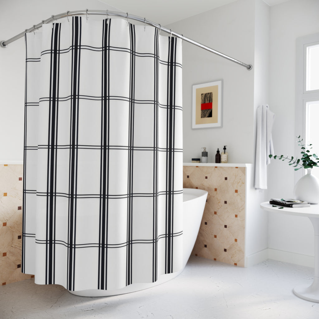 Black vertical stripe groups and fine windowpane crossbars shower curtain beside a freestanding tub