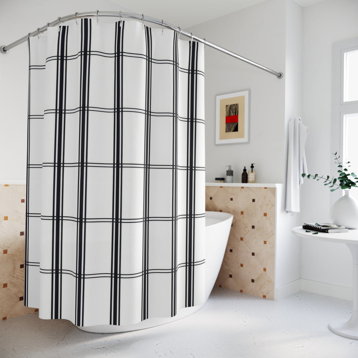 Black vertical stripe groups and fine windowpane crossbars shower curtain beside a freestanding tub