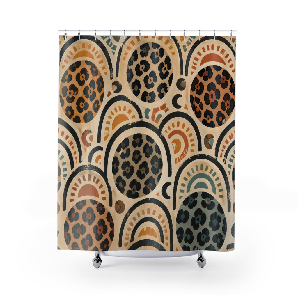 Cheetah print inside terracotta and teal boho arches shower curtain with full front view
