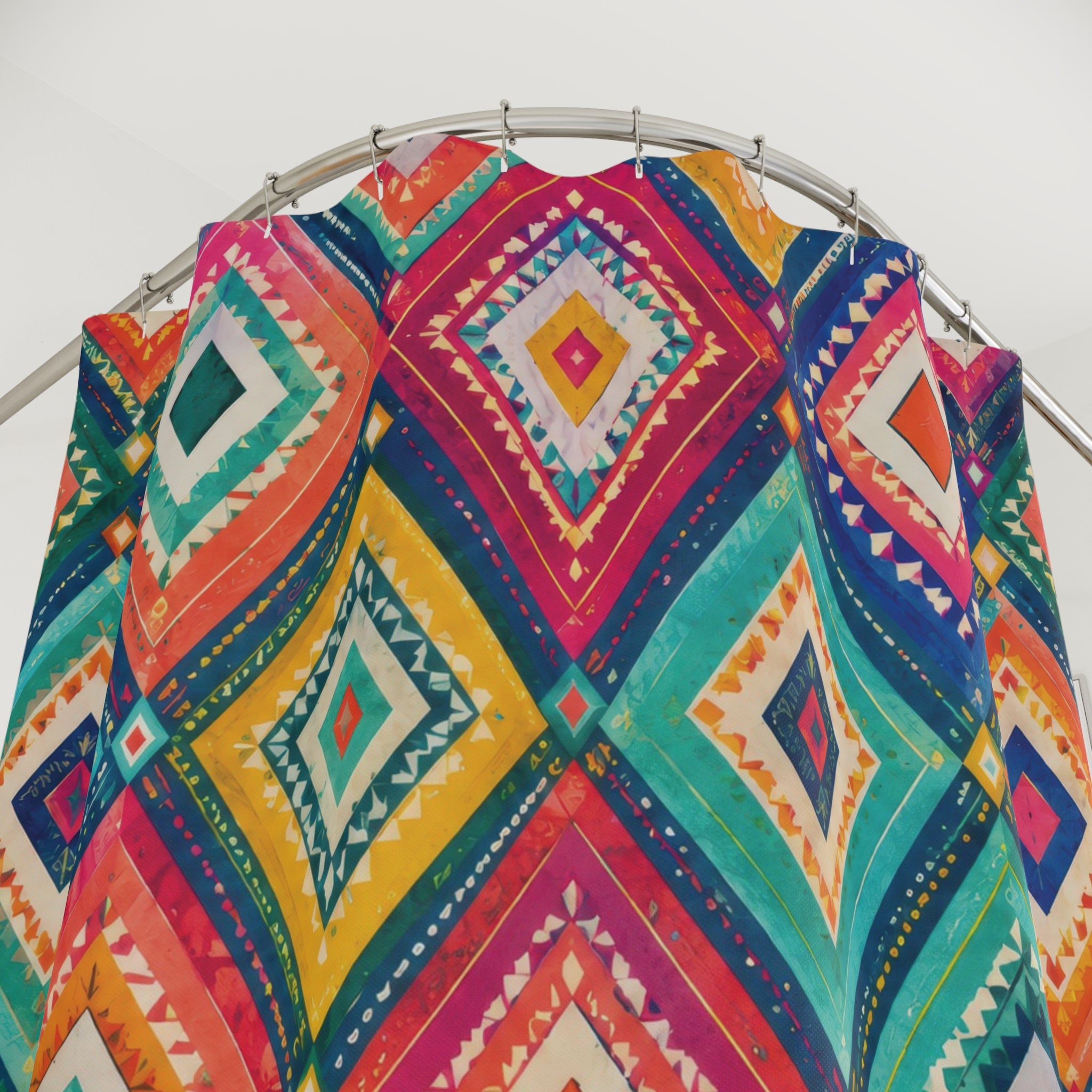 Boho Geometric Diamond Colorful Rainbow Maximalist Shower Curtain