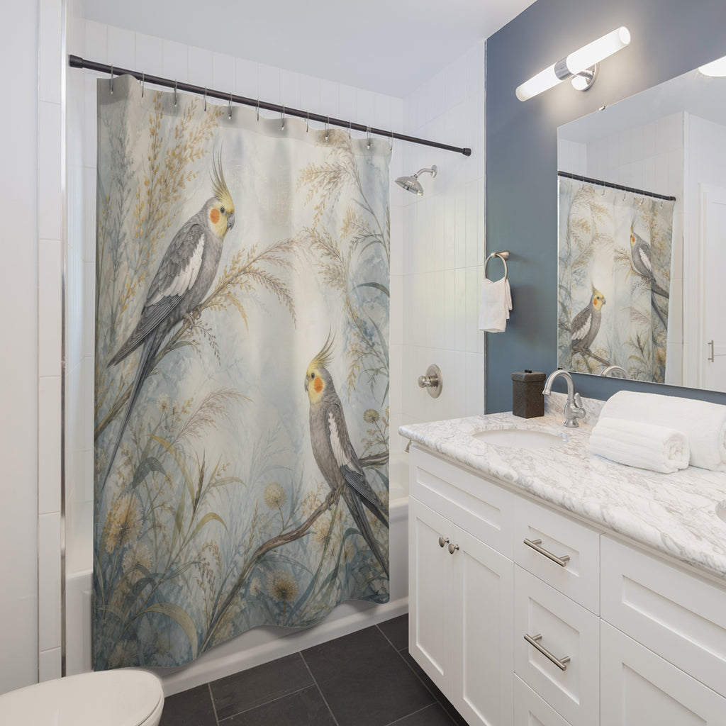 Misty Meadow Cockatiel Pair Shower Curtain