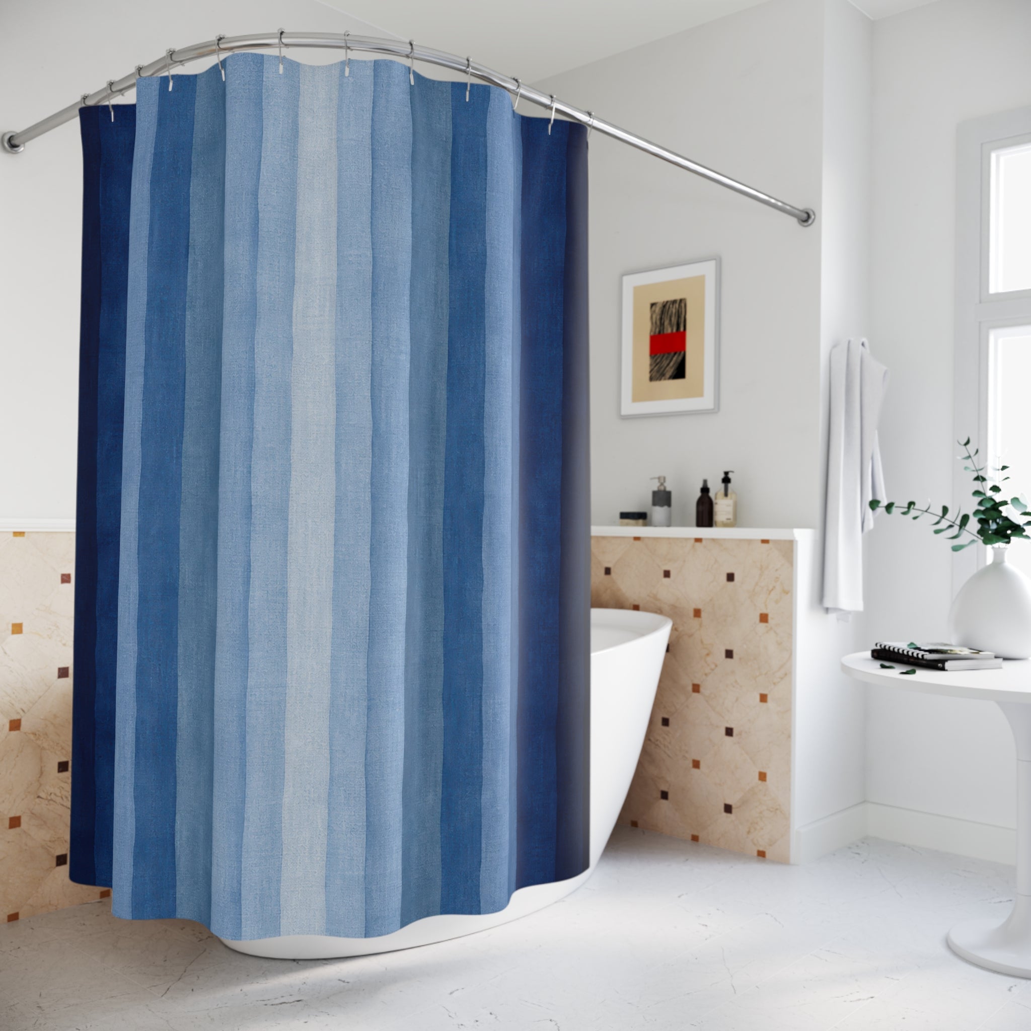 Navy Pale Blue Soft Vertical Stripe Shower Curtain