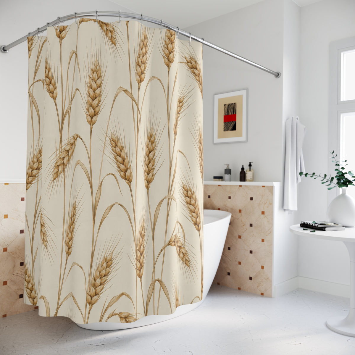 Golden brown wheat ears with arching leaves on ivory shower curtain beside a freestanding tub