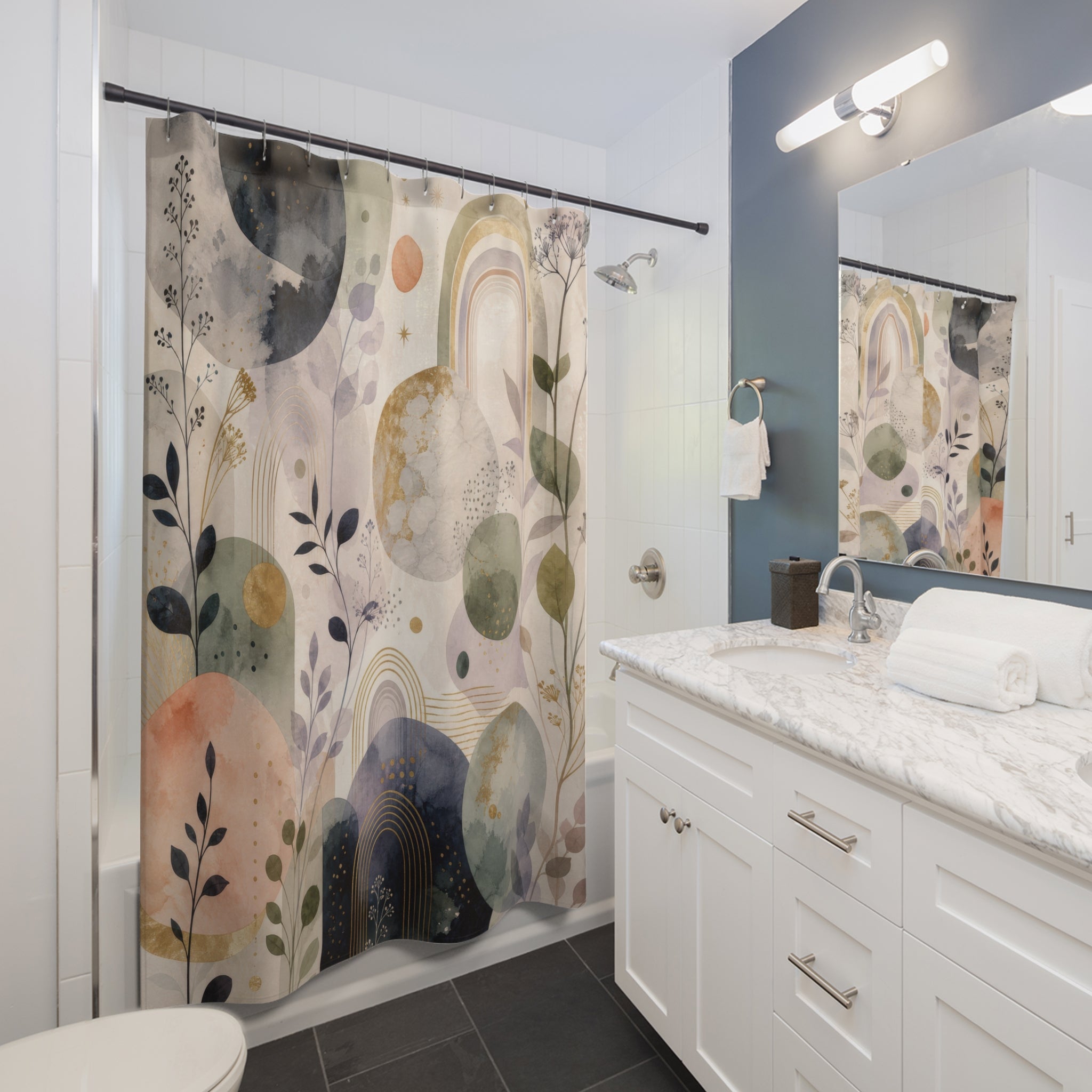 Soft Celestial Abstract Shower Curtain, Neutral Moon Bathroom Decor, Pastel Botanical Bath Curtain, Guest Bathroom Decor, Soft Bath Decor
