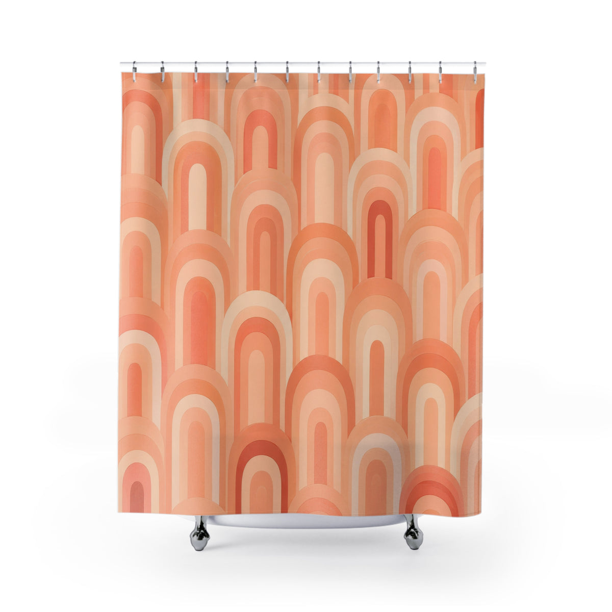 Peachy apricot and cream arches shower curtain with full front view