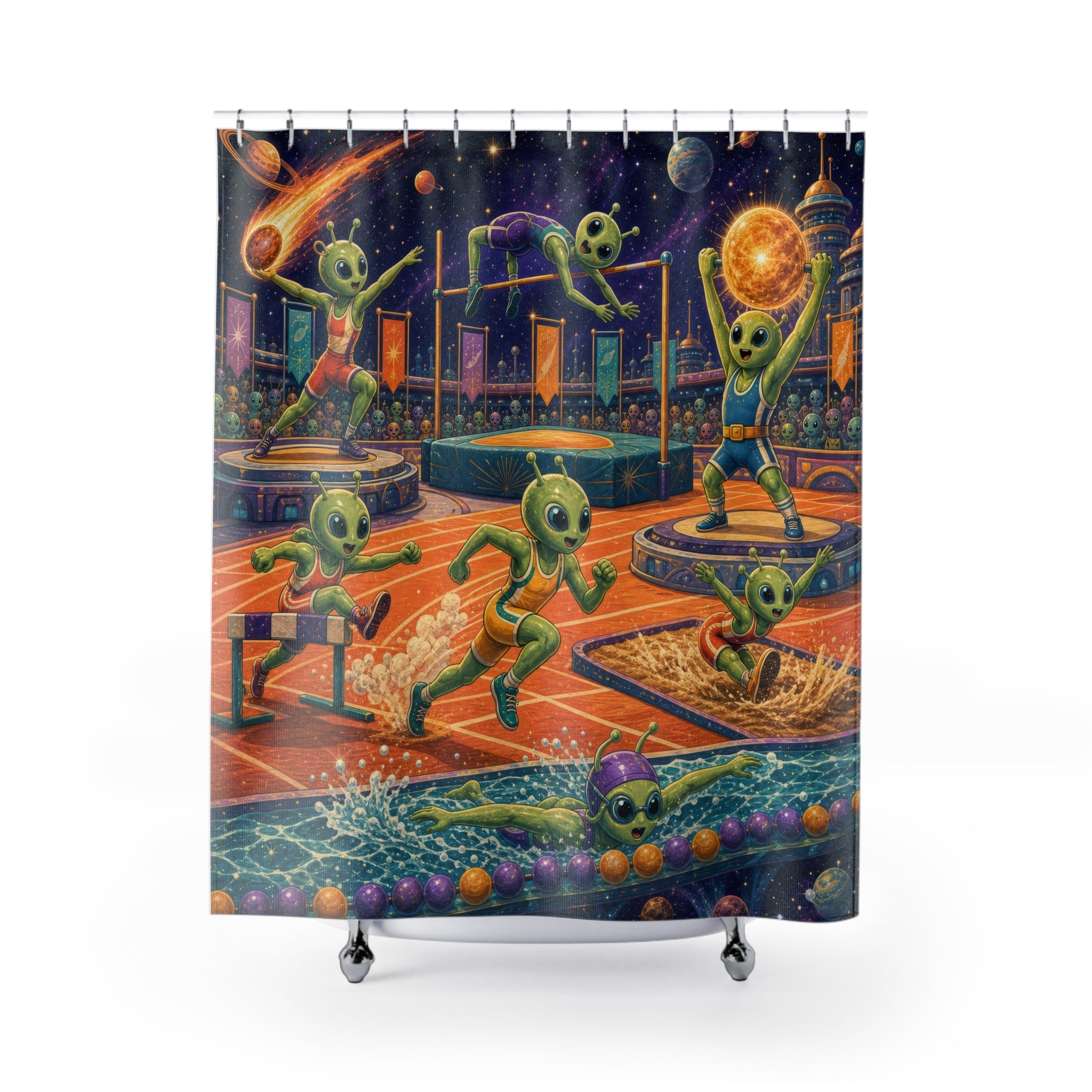 Unique Funny Alien Shower Curtain, Space Olympics Sports Art, Cosmic Stadium Bathroom Decor, Kids Wall Decor Guest Bath Gift For Home