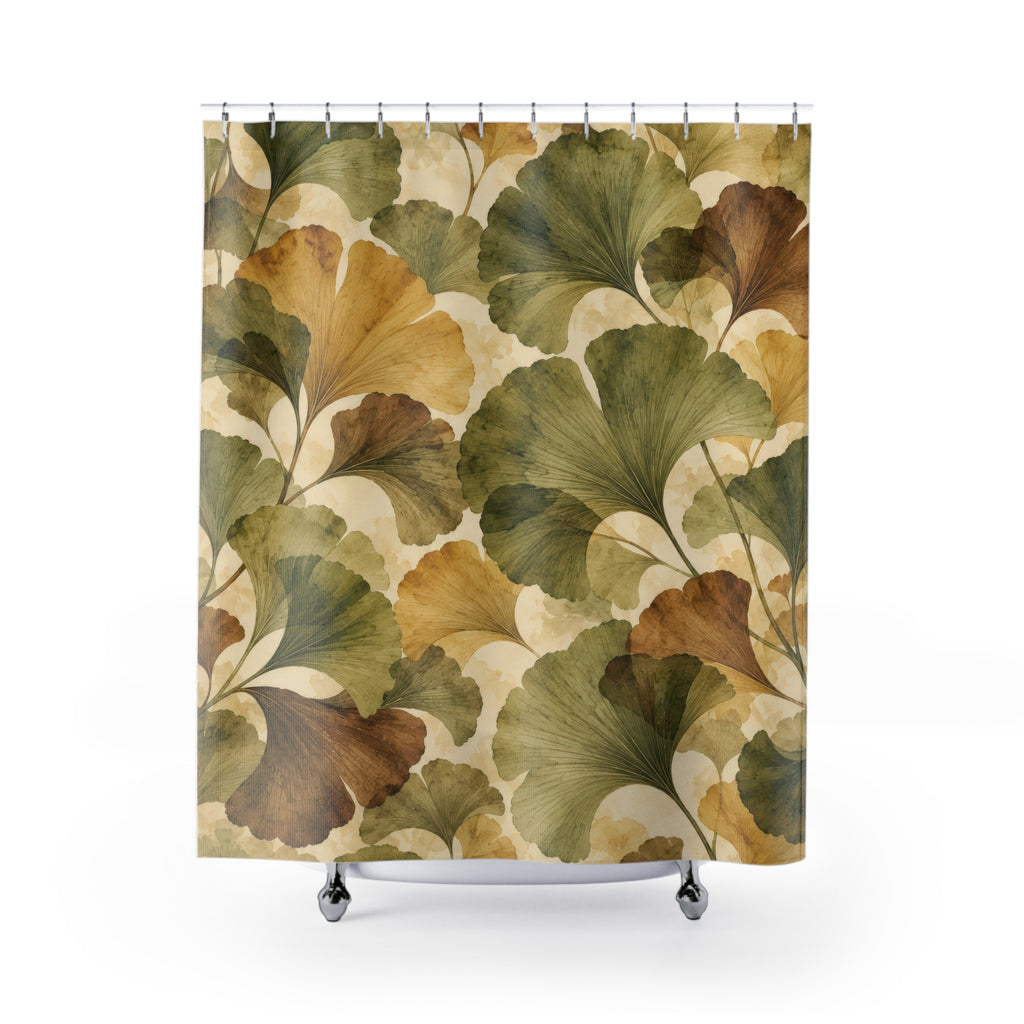 Olive and ochre ginkgo fans with brown leaves shower curtain with full front view