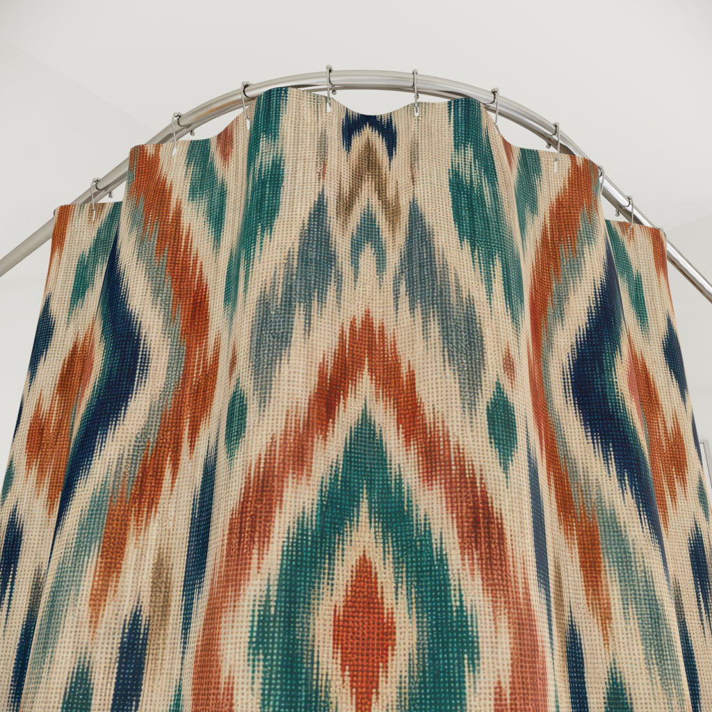 Ikat Shower Curtain, Boho Diamond Geometric Pattern, Teal Rust Bathroom Decor, Global Style Warm Boho Wall Decor Guest Bath Wall Gift