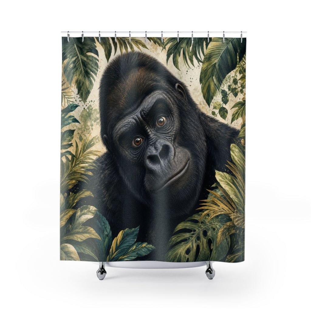Unique Funny Gorilla Shower Curtain, Jungle Animal Portrait Art, Green Tropical Bathroom Decor, Tropical Wall Guest Bath Gift For Home