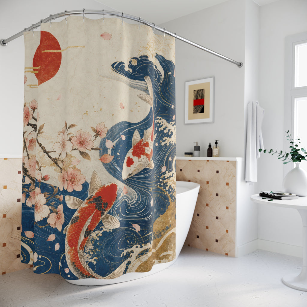 Japanese Shower Curtain: Koi Fish Wave Red Sun