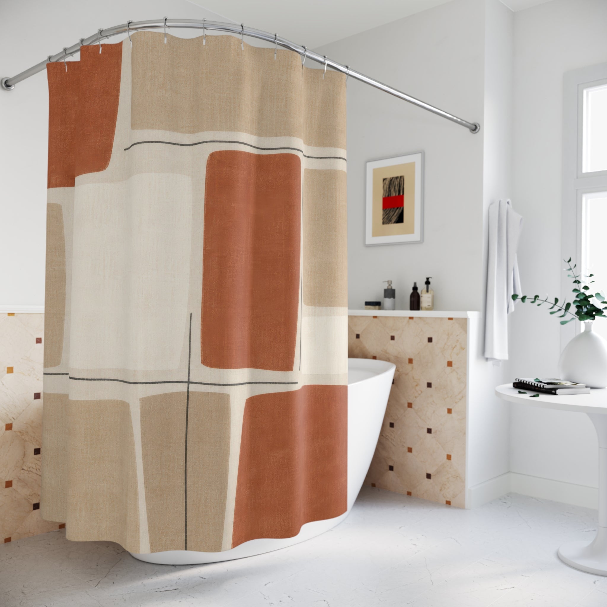 Abstract Shower Curtain, Terracotta Beige Grid Pattern, Rust Neutral Bathroom Decor, Modern Geometric Guest Bath Warm Art Style