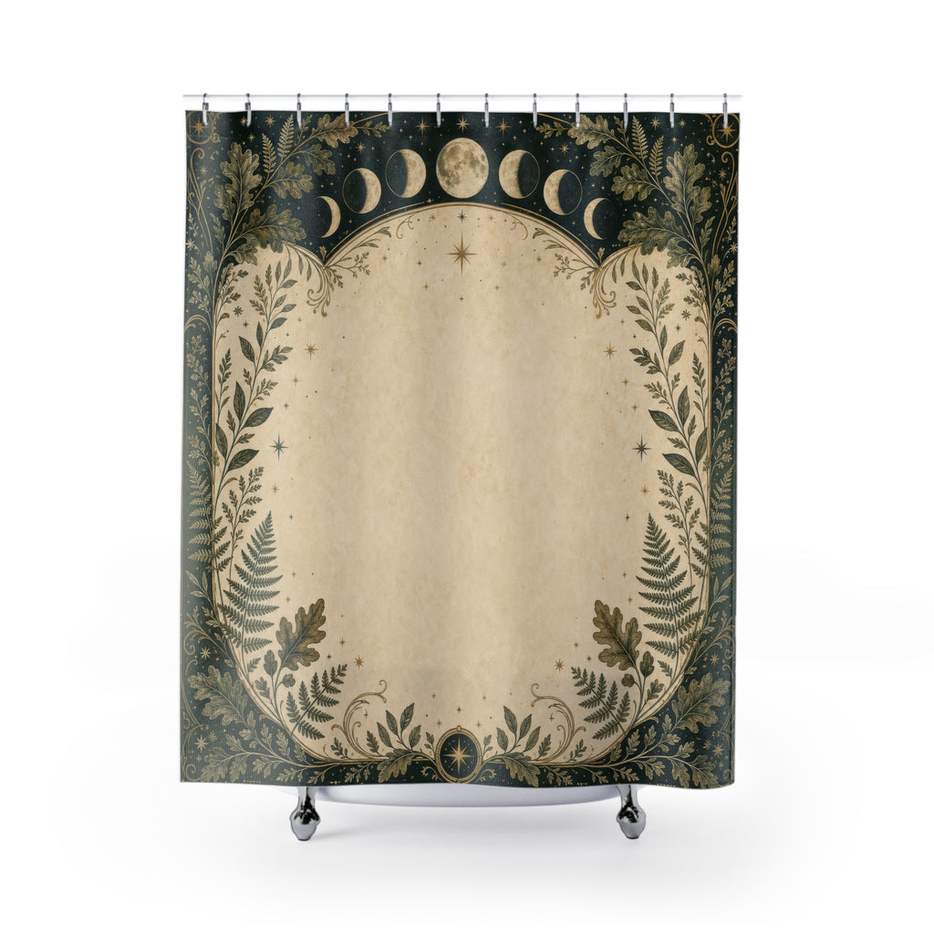 Moon Phase Border Shower Curtain, Forest Green Botanical Bath Decor, Pagan Inspired Oak Fern Frame, Celestial Guest Bathroom Decor