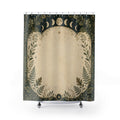 Moon Phase Border Shower Curtain, Forest Green Botanical Bath Decor, Pagan Inspired Oak Fern Frame, Celestial Guest Bathroom Decor