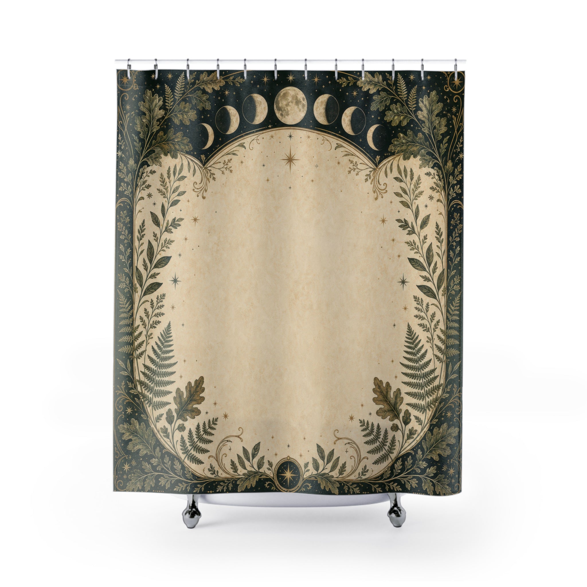 Moon Phase Border Shower Curtain, Forest Green Botanical Bath Decor, Pagan Inspired Oak Fern Frame, Celestial Guest Bathroom Decor