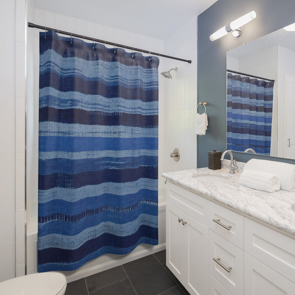 Navy Denim Horizontal Brush Stripe Shower Curtain
