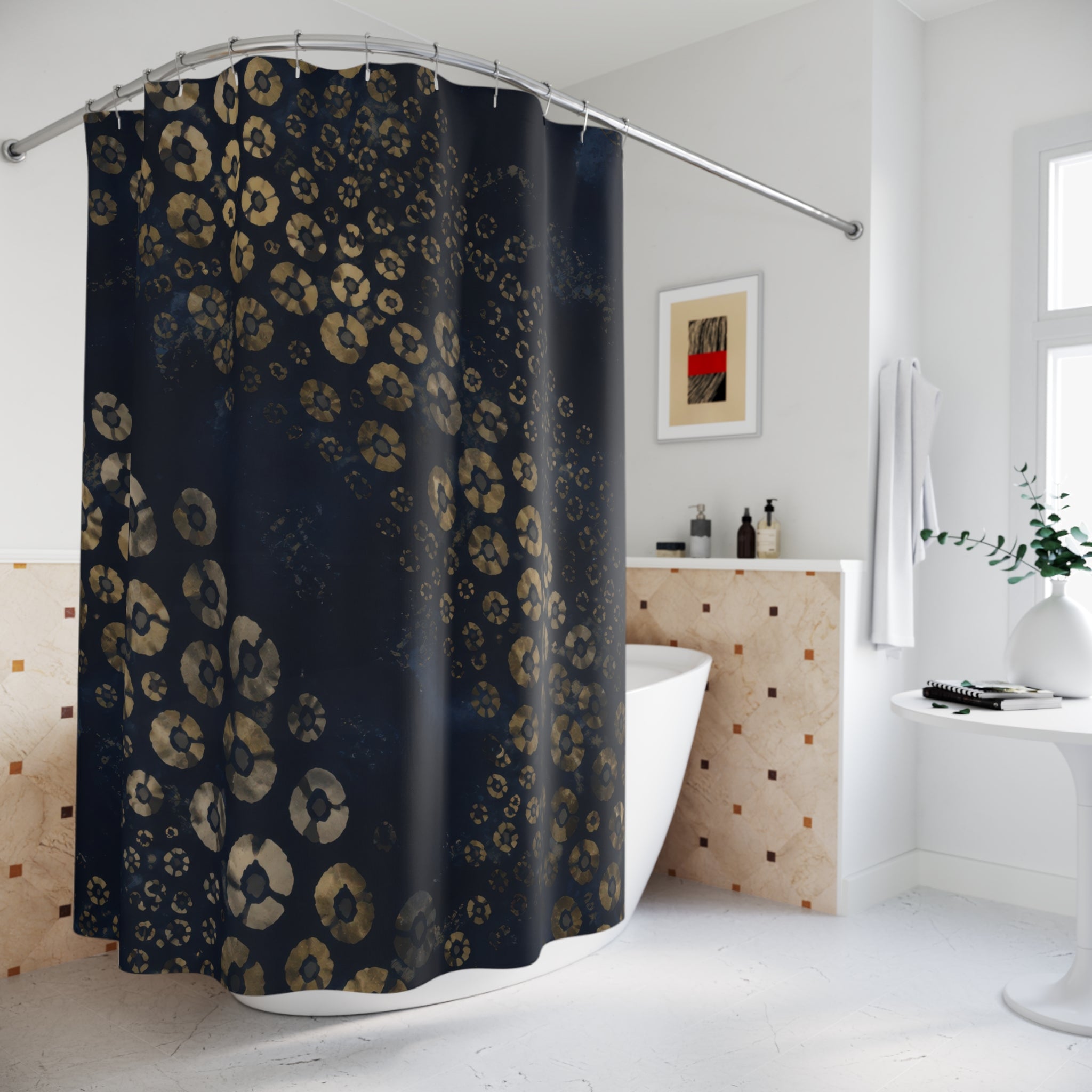 Midnight Blue Leopard Rosette Shower Curtain