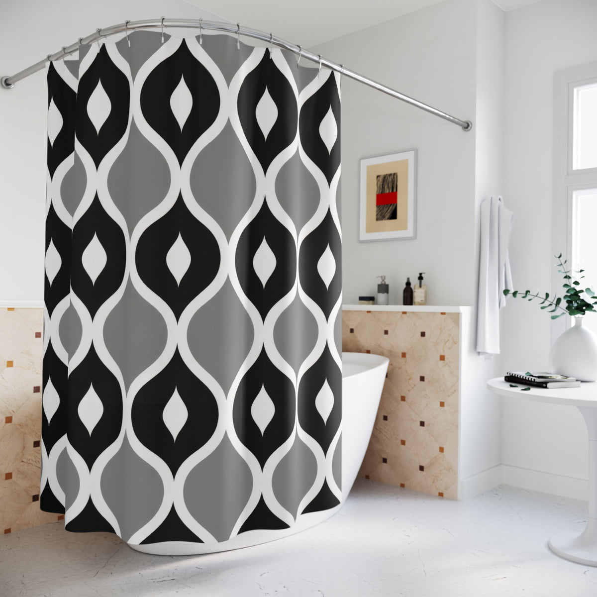 Black and gray ogees with white curved outlines shower curtain beside a freestanding tub